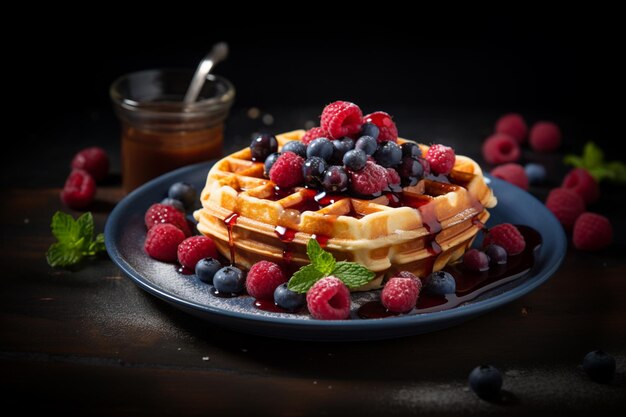 Belgijskie wafle z malinami, syropem z jagód na talerzu, ciemne tło, fotografia żywności