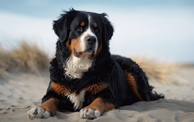 Bernese Mountain Dog siedzi na plaży profesjonalna reklama ai generowana