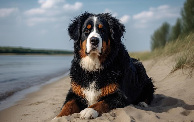 Bernese Mountain Dog siedzi na plaży profesjonalna reklama ai generowana