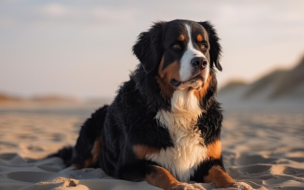 Bernese Mountain Dog siedzi na plaży profesjonalna reklama ai generowana