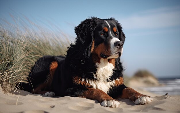 Bernese Mountain Dog siedzi na plaży profesjonalna reklama ai generowana