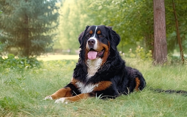Bernese Mountain Dog siedzi na trawie w parku profesjonalna reklama ai generowana