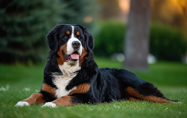 Bernese Mountain Dog siedzi na trawie w parku profesjonalna reklama ai generowana