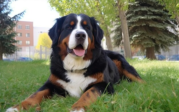 Bernese Mountain Dog siedzi na trawie w parku profesjonalna reklama ai generowana