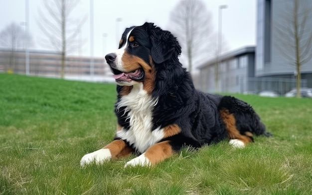 Bernese Mountain Dog siedzi na trawie w parku profesjonalna reklama ai generowana