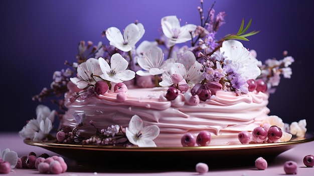 Berry Bliss Cake Design na pastelowo-niebieskim tle z obfitością jagód