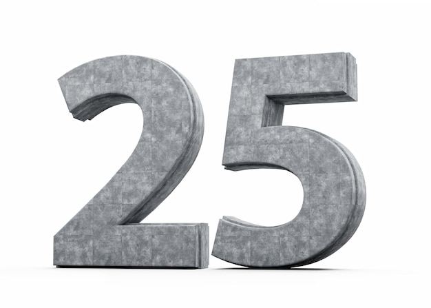 Beton numer dwadzieścia pięć 25 cyfry wykonane z szarego betonu kamienia na białym tle 3d ilustracja