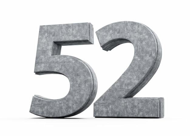 Beton numer pięćdziesiąt dwa 52 cyfry wykonane z szarego betonu kamienia białego tła ilustracja 3d