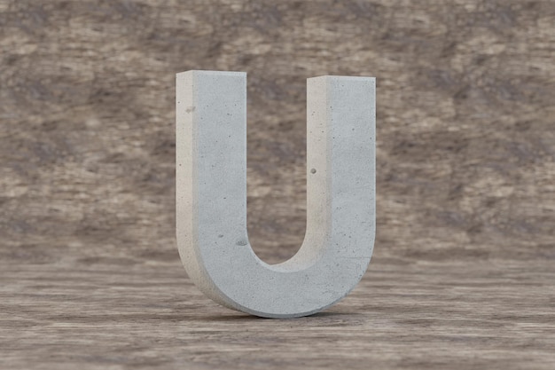 Zdjęcie betonowe 3d wielkie litery u. twardy kamień list na drewnianym tle. betonowy alfabet z niedoskonałościami. 3d renderowany znak czcionki.