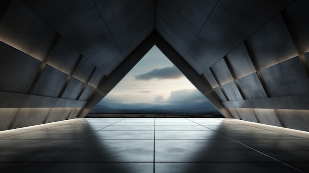 Betonowe futurystyczne wnętrze z trójkątnym oknem i oświetleniem otoczenia