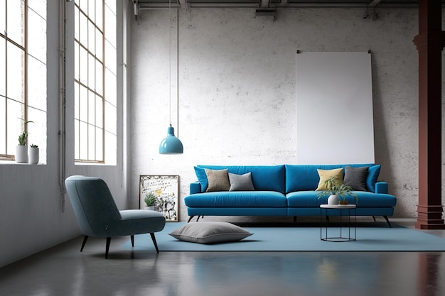 Betonowe wnętrze salonu na poddaszu z białą drewnianą podłogą, niebieską kanapą i stolikiem kawowym Makieta poziomej ramki plakatowej