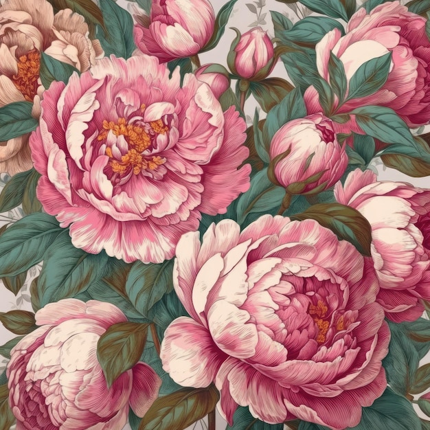 bez szwu vintage kwiatowy wzór zgromadzenie pięknych różowych piwonii w rozkwicie