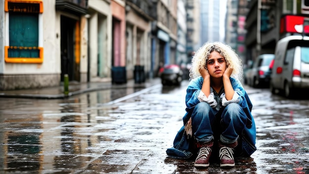 Bezdomna młoda dziewczyna siedzi na drodze opuszczonej mokrej ulicy cierpiącej z powodu kryzysu ubóstwa