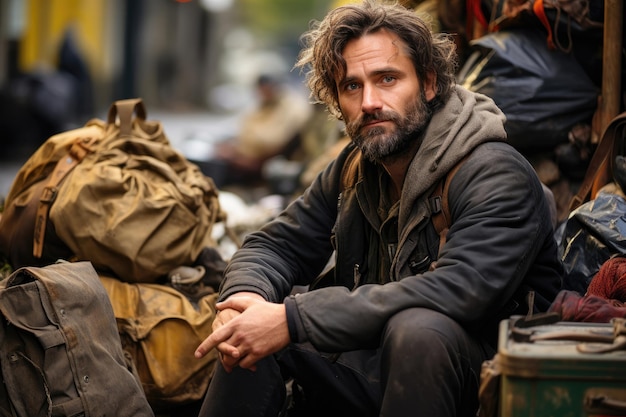 Zdjęcie bezdomny człowiek siedzący na ulicy z kupą śmieci nieszczęśliwy błaga o pomoc i pieniądze problemy dużych nowoczesnych miast