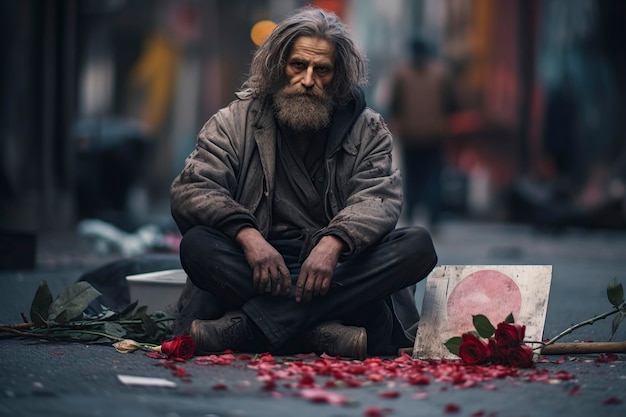 Bezdomny człowiek siedzi na ulicy.