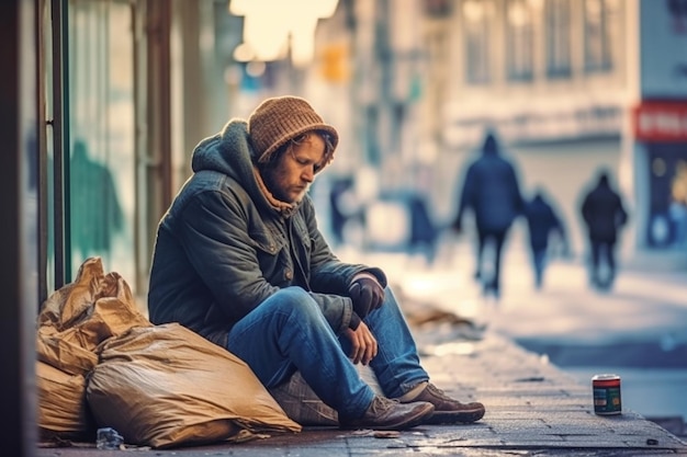 Bezdomny siedzi na ulicy w mroźny zimowy dzień
