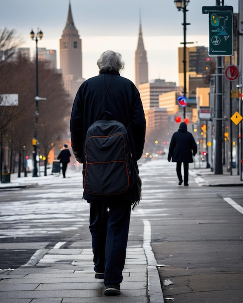 Bezdomny staruszek na ulicach miasta od tyłu Generative AI