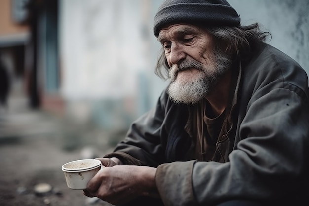 Bezdomny żebrak siedzi na zewnątrz w mieście i prosi o darowiznę pieniężną.