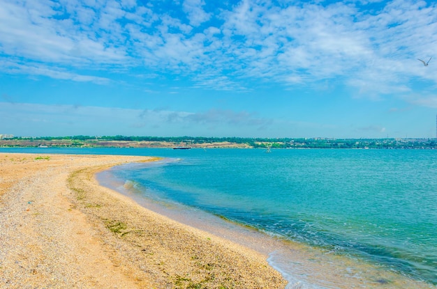 Bezludna plaża z piaskiem nad morzem w letni dzień.