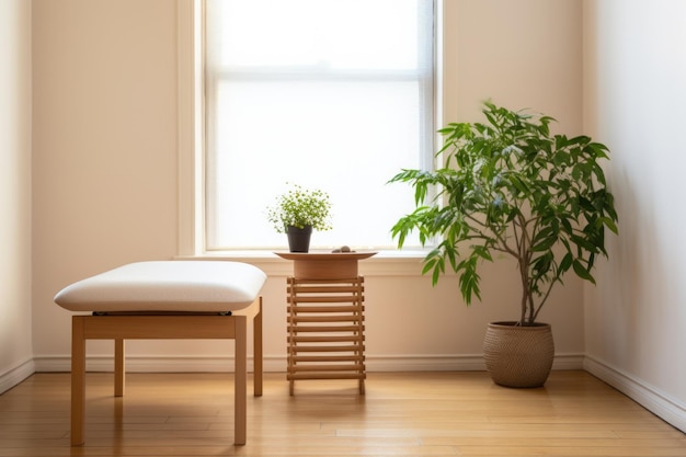 Bezosobowy pokój do terapii z roślinnym, minimalistycznym krzesłem i stołem