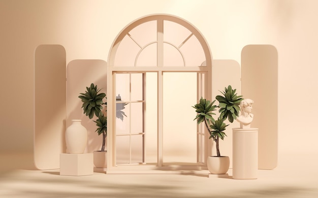 Beżowe drzwi i abstrakcyjne podium z osłoną przeciwsłoneczną i doniczką z roślinami tropikalnymi Prezentacja sceniczna renderowania 3d