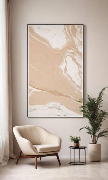 Beżowe krzesło przed marmurową ścianą z abstrakcyjnym plakatem w minimalistycznym salonie