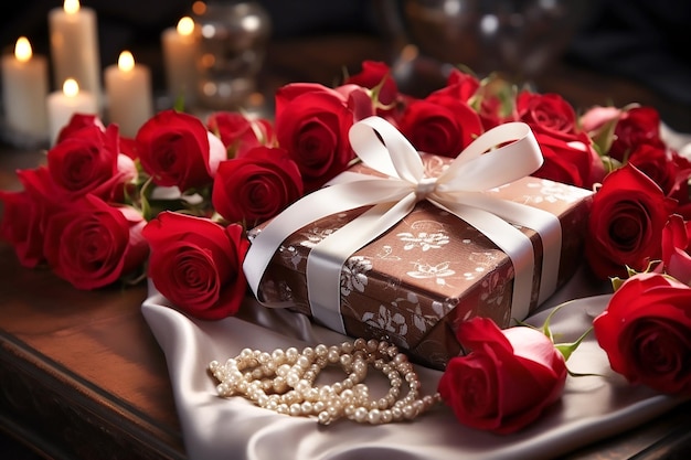 Beżowe pudełko upominkowe z białymi świecami i czerwonymi różami na Walentynki Generative AI