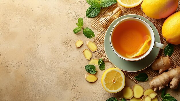 Beżowe tło przedstawiające filiżankę herbaty imbirowej z cytryną i miodem. Przestrzeń Generacyjna AI