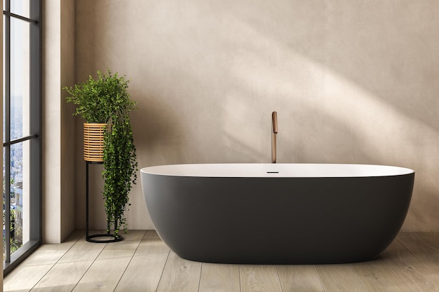 Beżowe wnętrze łazienki z czarnym dywanem wanny na roślinach z twardego drewna Akcesoria do kąpieli i okno w hotelowym studiu renderowania 3D