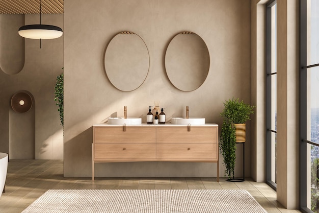 Beżowe wnętrze łazienki z podwójną umywalką i lustrzanym dywanem na wannie z drewnianą podłogą Akcesoria do kąpieli i okno w hotelowym studiu renderowania 3D