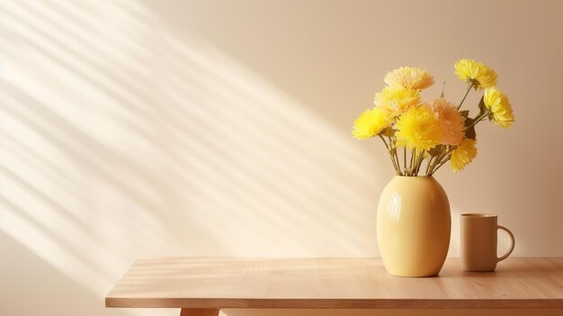 Zdjęcie beżowy drewniany stół z żółtym wazonem w świetle słonecznym wnętrze domu apartamenty tło z miejscem dla tekstu