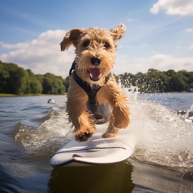 Beżowy Lakeland Terrier na nartach wodnych Ai wygenerowany