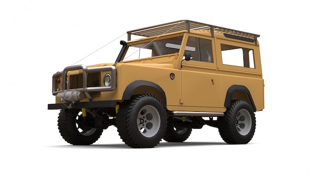 Beżowy stary mały SUV przystosowany do trudnych tras i wypraw. Renderowania 3d.