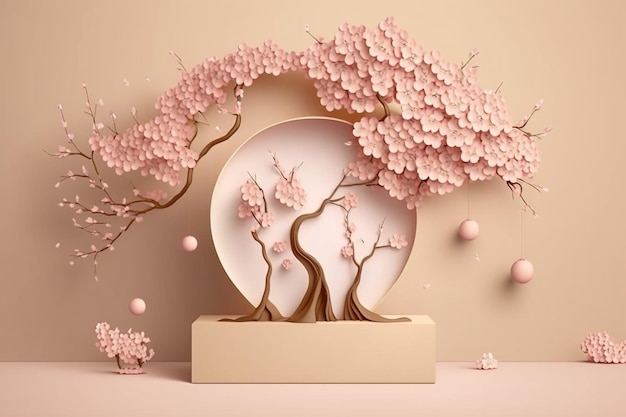 Beżowy stojak na podium z różowym drzewem kwiatowym Sakura. Kwiatowy cokół do promocji produktów kosmetycznych