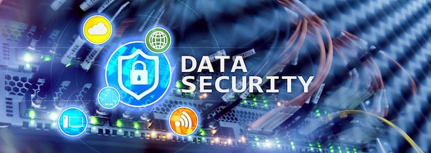 Bezpieczeństwo danych Zapobieganie cyberprzestępczości Ochrona informacji cyfrowych Zablokuj ikony i tło serwerowni
