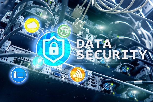 Bezpieczeństwo danych Zapobieganie cyberprzestępczości Ochrona informacji cyfrowych Zablokuj ikony i tło serwerowni