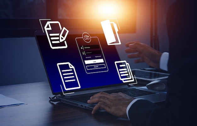 Zdjęcie bezpieczeństwo logowanie do komputera biznesmen pracujący laptop na wirtualnym ekranie dokumenty z listami pól wyboru login i hasło koncepcja bezpieczeństwa cybernetycznego ochrona danych i bezpieczny dostęp do internetu