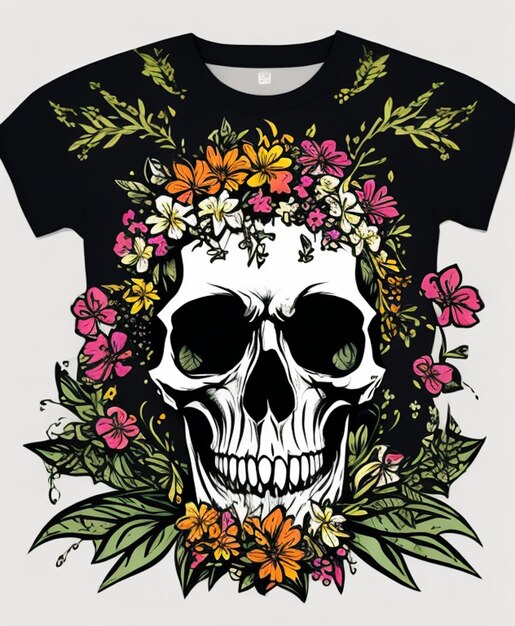 Bezpłatna ilustracja wektorowa czaszki i kwiatów na koszulce