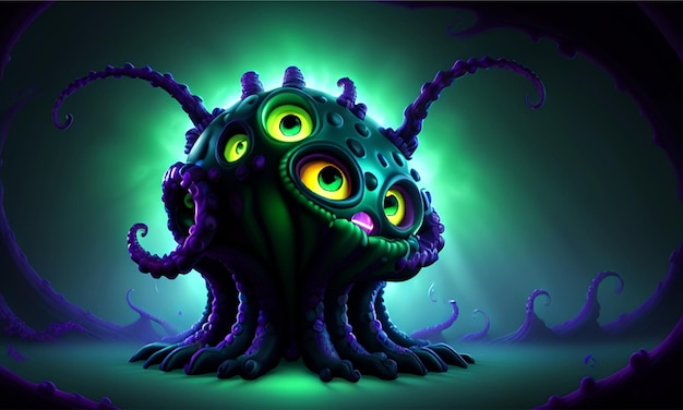Bezpłatna ilustracja zdjęć uroczego potwora z kreskówek w świetle neonowym Nowy rendering 3D
