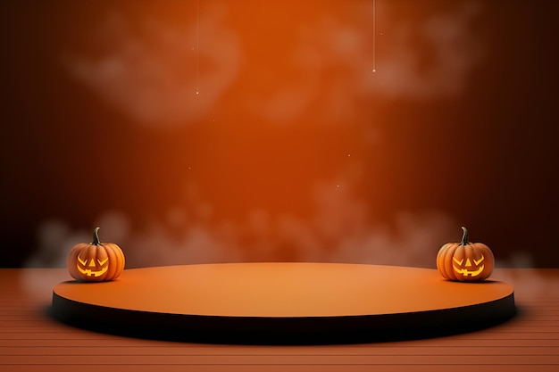 Zdjęcie bezpłatna, renderowana w 3d platforma podium halloween do wyświetlania produktów z dynią i mgłą