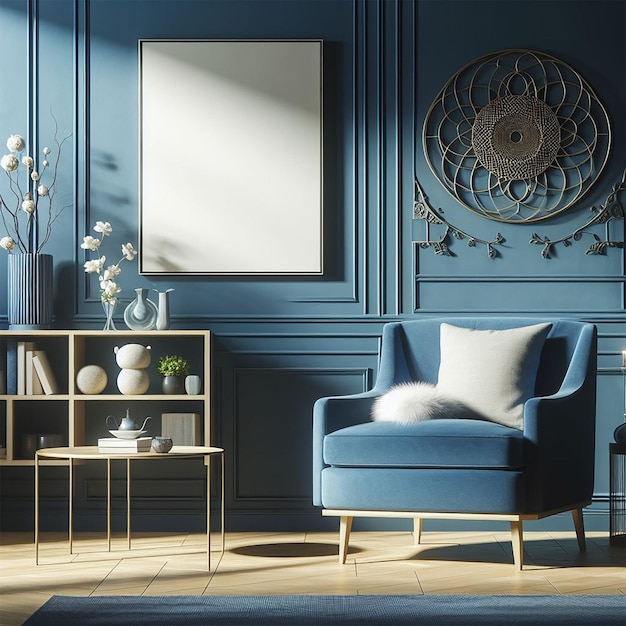 Bezpłatne fotobłękitne krzesło na niebieską ścianę w wnętrzu salonu elegancki projekt wnętrza