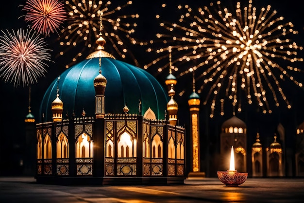 Bezpłatne zdjęcie bezpłatne zdjęcie ramadan kareem eid mubarak królewska elegancka lampa z meczetem święta brama z ogniem