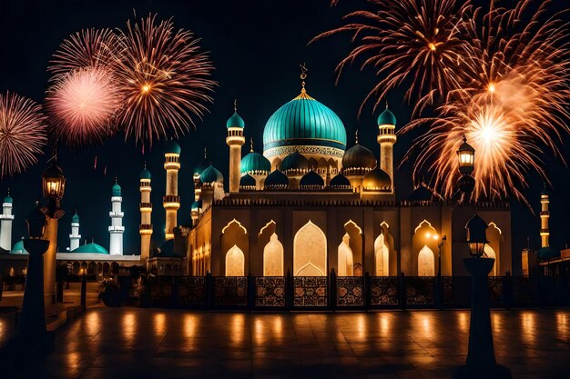 Bezpłatne zdjęcie bezpłatne zdjęcie ramadan kareem eid mubarak królewska elegancka lampa z meczetem święta brama z ogniem