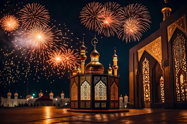 Bezpłatne zdjęcie bezpłatne zdjęcie ramadan kareem eid mubarak królewska elegancka lampa z meczetem święta brama z ogniem