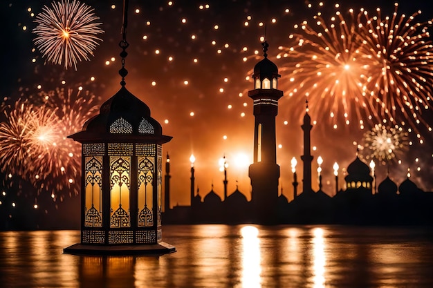 Bezpłatne zdjęcie bezpłatne zdjęcie ramadan kareem eid mubarak królewska elegancka lampa z meczetem święta brama z ogniem