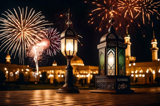 Bezpłatne zdjęcie bezpłatne zdjęcie ramadan kareem eid mubarak królewska elegancka lampa z meczetem święta brama z ogniem