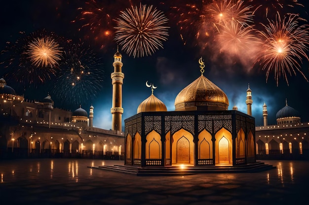 Bezpłatne zdjęcie bezpłatne zdjęcie ramadan kareem eid mubarak królewska elegancka lampa z meczetem święta brama z ogniem