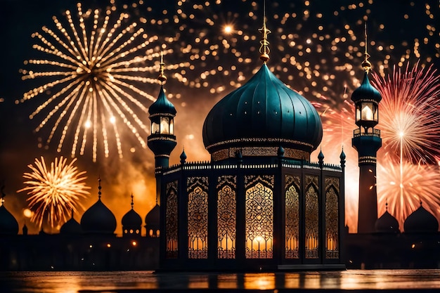 Bezpłatne zdjęcie bezpłatne zdjęcie ramadan kareem eid mubarak królewska elegancka lampa z meczetem święta brama z ogniem