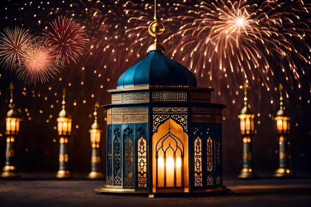 Bezpłatne zdjęcie bezpłatne zdjęcie ramadan kareem eid mubarak królewska elegancka lampa z meczetem święta brama z ogniem