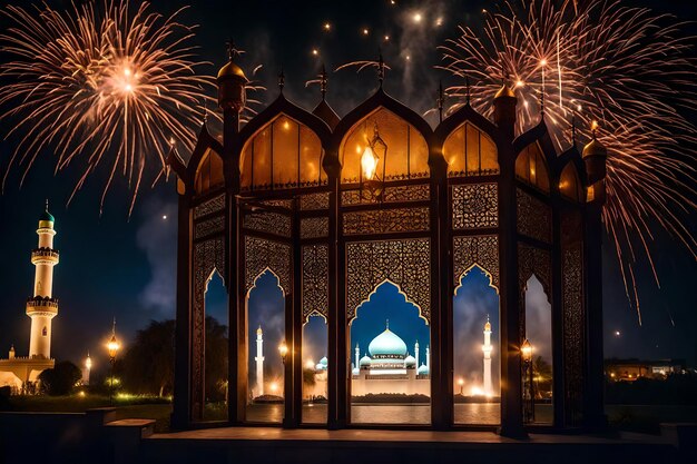 Bezpłatne zdjęcie bezpłatne zdjęcie ramadan kareem eid mubarak królewska elegancka lampa z meczetem święta brama z ogniem